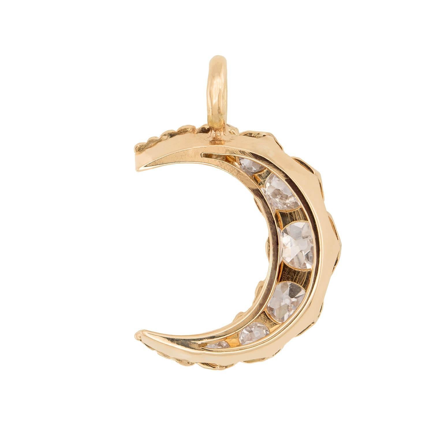 Old Mine Cut Victorian 14k Diamond Crescent Pendant/Charm For Sale