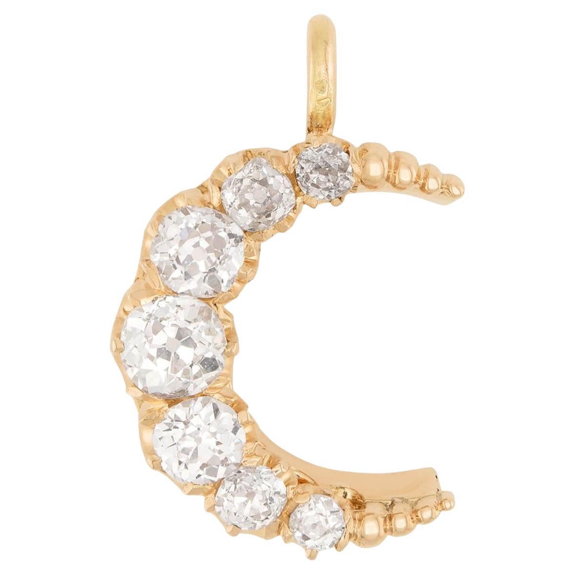 Victorian 14k Diamond Crescent Pendant/Charm For Sale