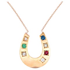 Collier Victorien 14k Diamond Emerald and Sapphire Seven Stone Horseshoe Necklace