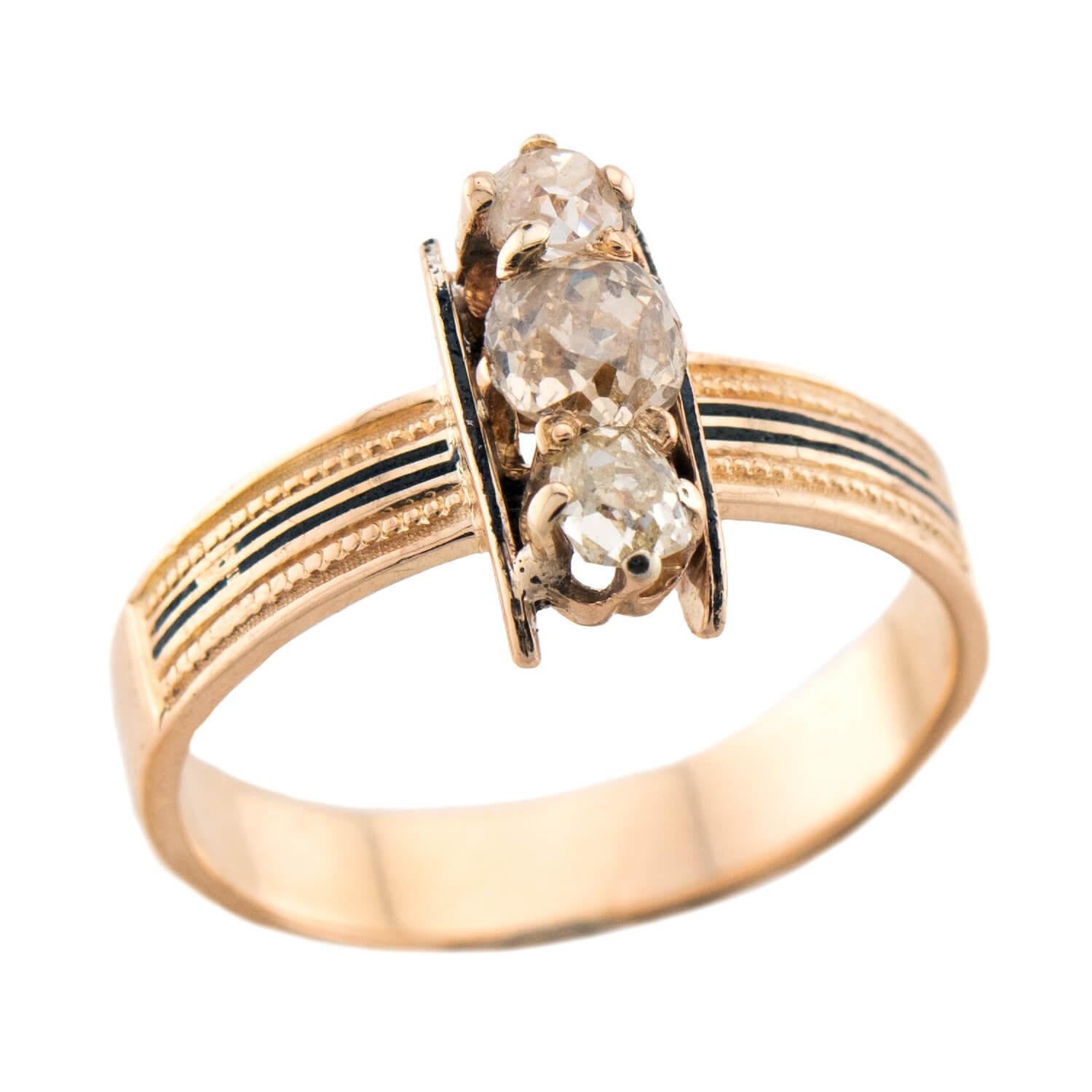 Viktorianischer 14k Diamant & Emaille Navette Ring im Angebot 1