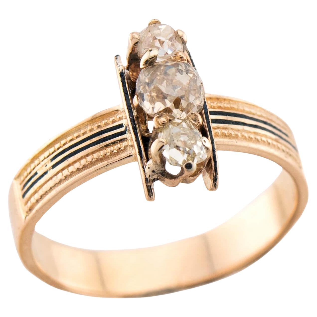 Anello vittoriano a navette con diamanti e smalto 14k