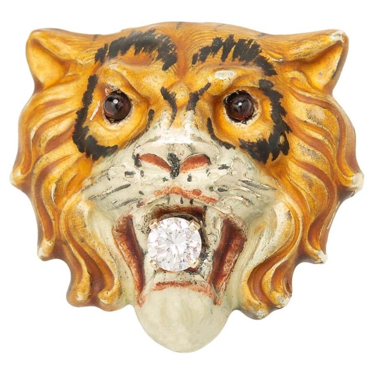 Victorian 14k Diamond + Enamel Tiger Pendant For Sale at 1stDibs