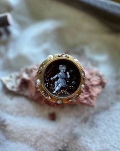 Victorian 14k Diamond, Hand Painted Porcelain, and Pearl Pin