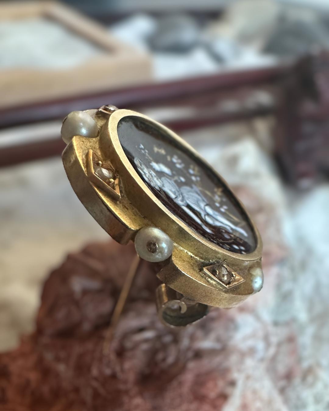 Victorian 14k Diamond, Hand Painted Porcelain, and Pearl Pin In Good Condition For Sale In New York, NY