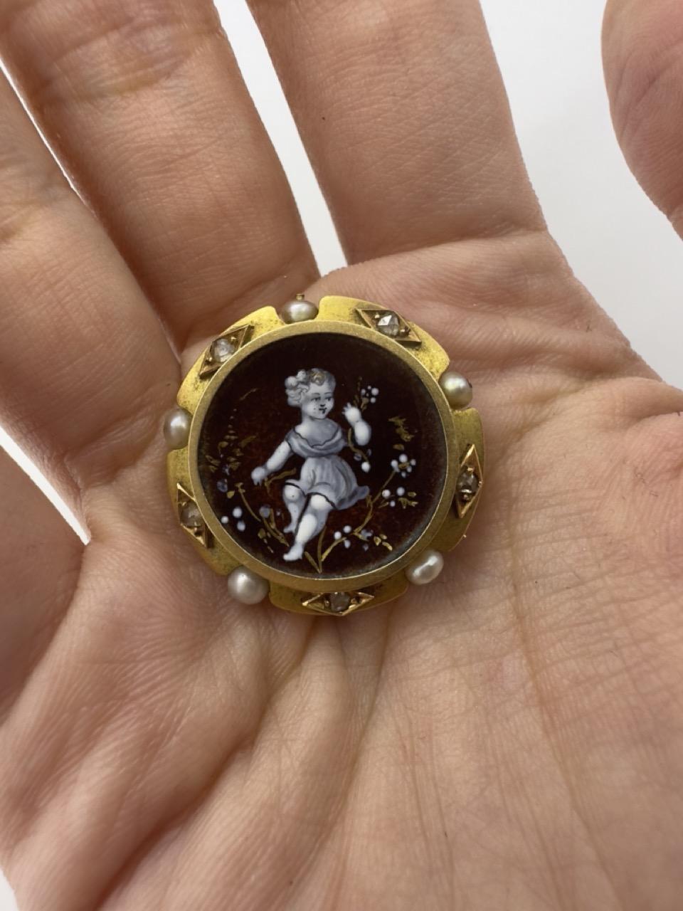 Victorian 14k Diamond, Hand Painted Porcelain, and Pearl Pin For Sale 2