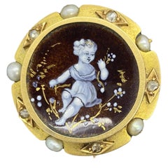 Viktorianische 14k Diamant, handbemaltes Porzellan und Perlen Pin