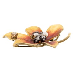 Victorian 14k Diamond, Pearl, and Enamel Flower Pin