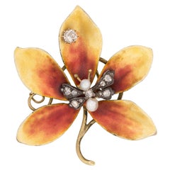 Victorian 14k Diamond, Pearl, and Enamel Flower Pin
