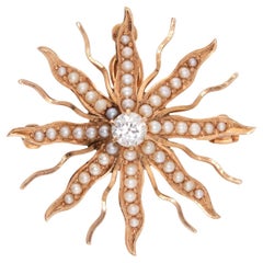 Spilla/pendente vittoriano con diamanti e perle a raggiera in 14 ct.