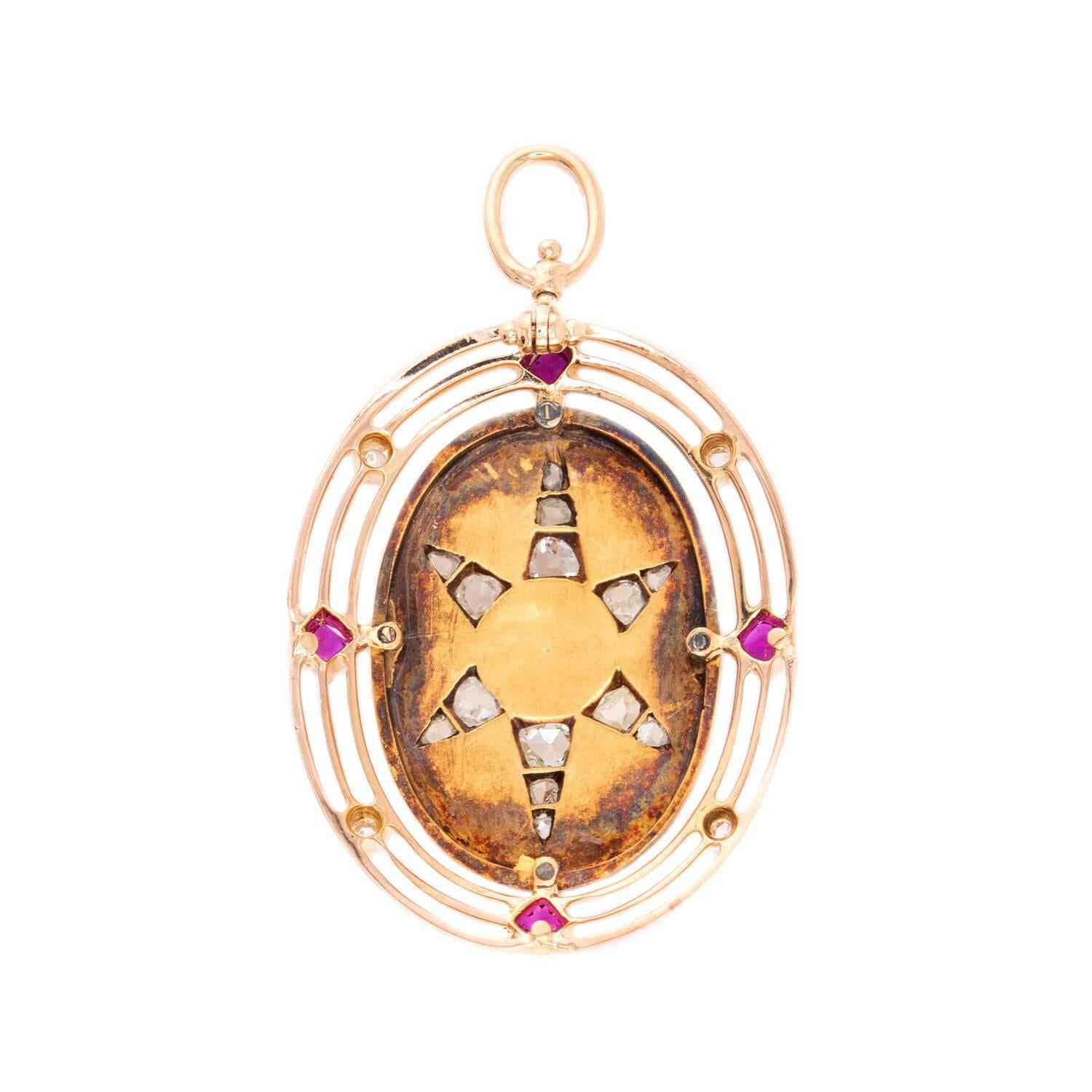Rose Cut Victorian 14k Diamond, Ruby & Pearl Starburst Pendant For Sale