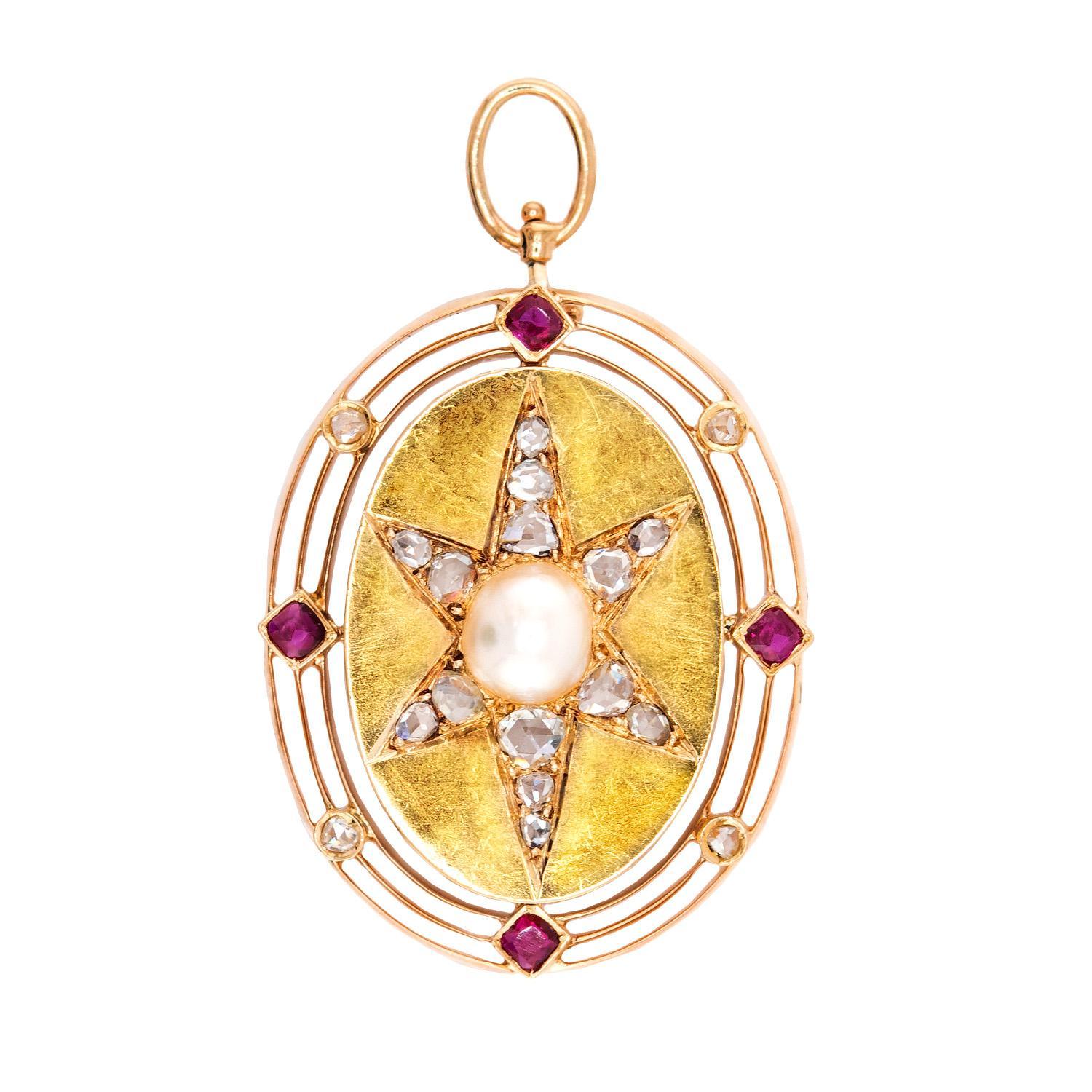 Victorian 14k Diamond, Ruby & Pearl Starburst Pendant In Good Condition For Sale In Narberth, PA