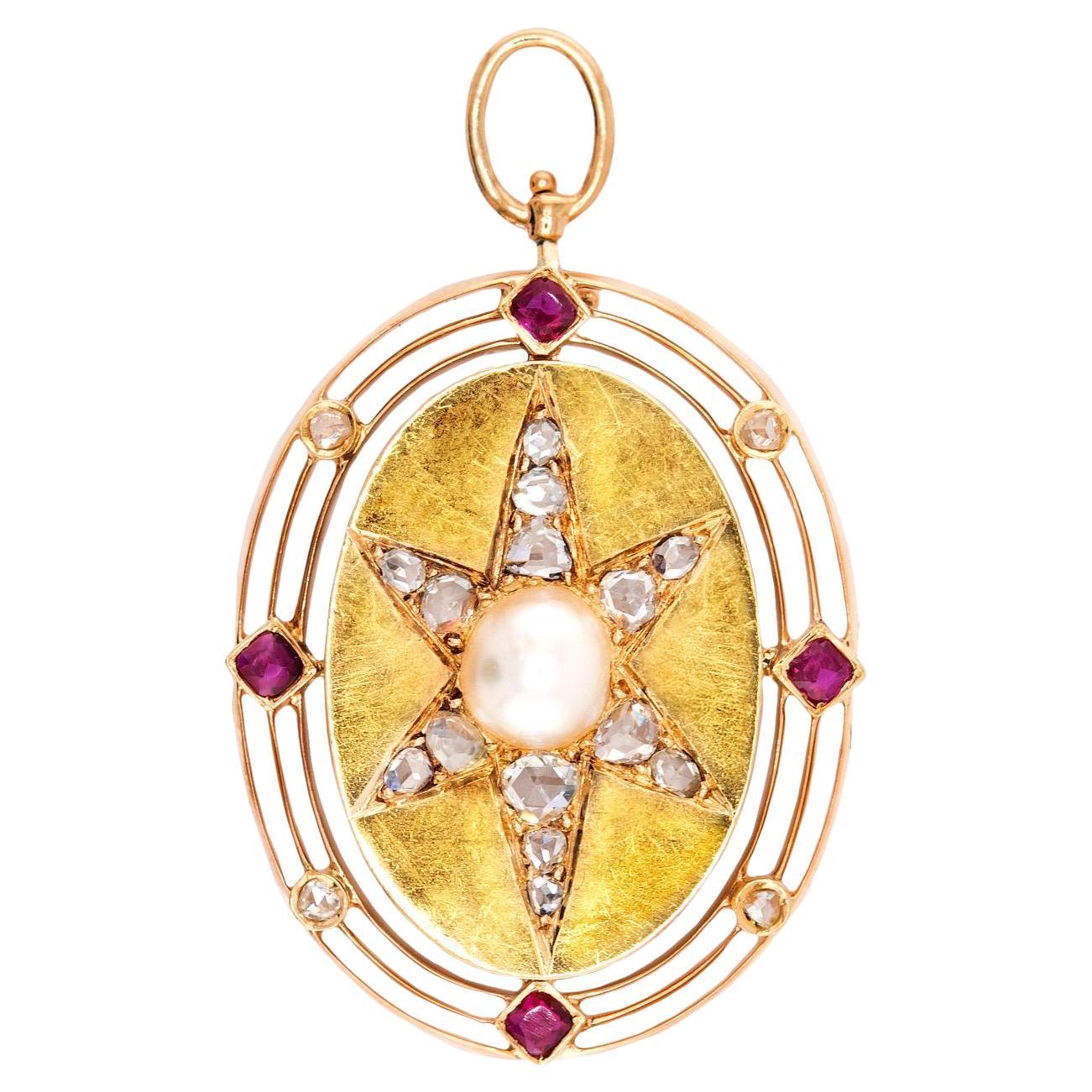 Victorian 14k Diamond, Ruby & Pearl Starburst Pendant For Sale
