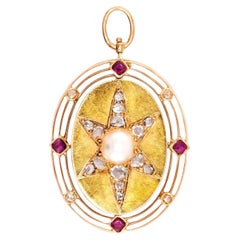 Victorian 14k Diamond, Ruby & Pearl Starburst Pendant