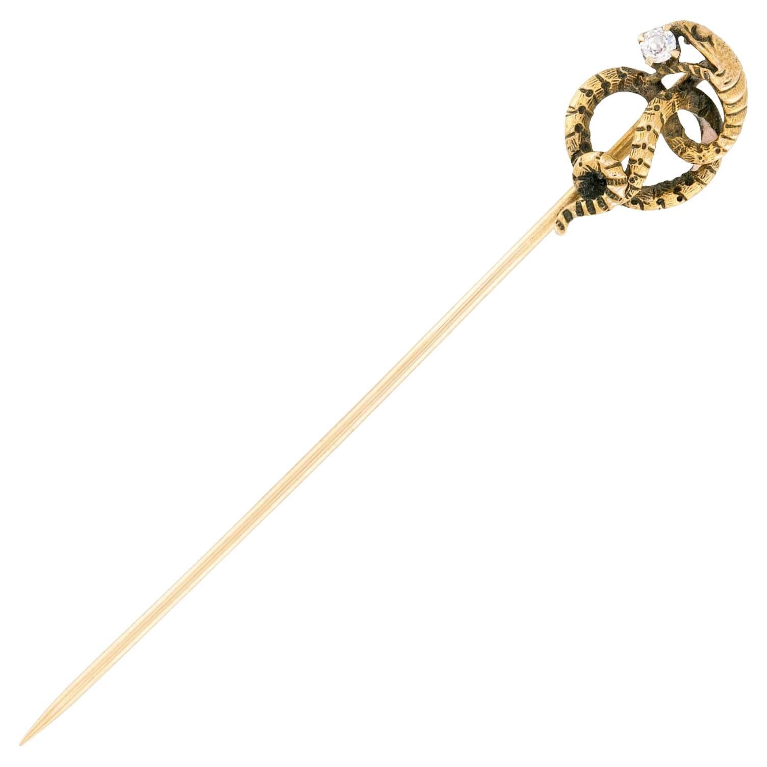 Victorian 14k Diamond Snake Motif Stick Pin