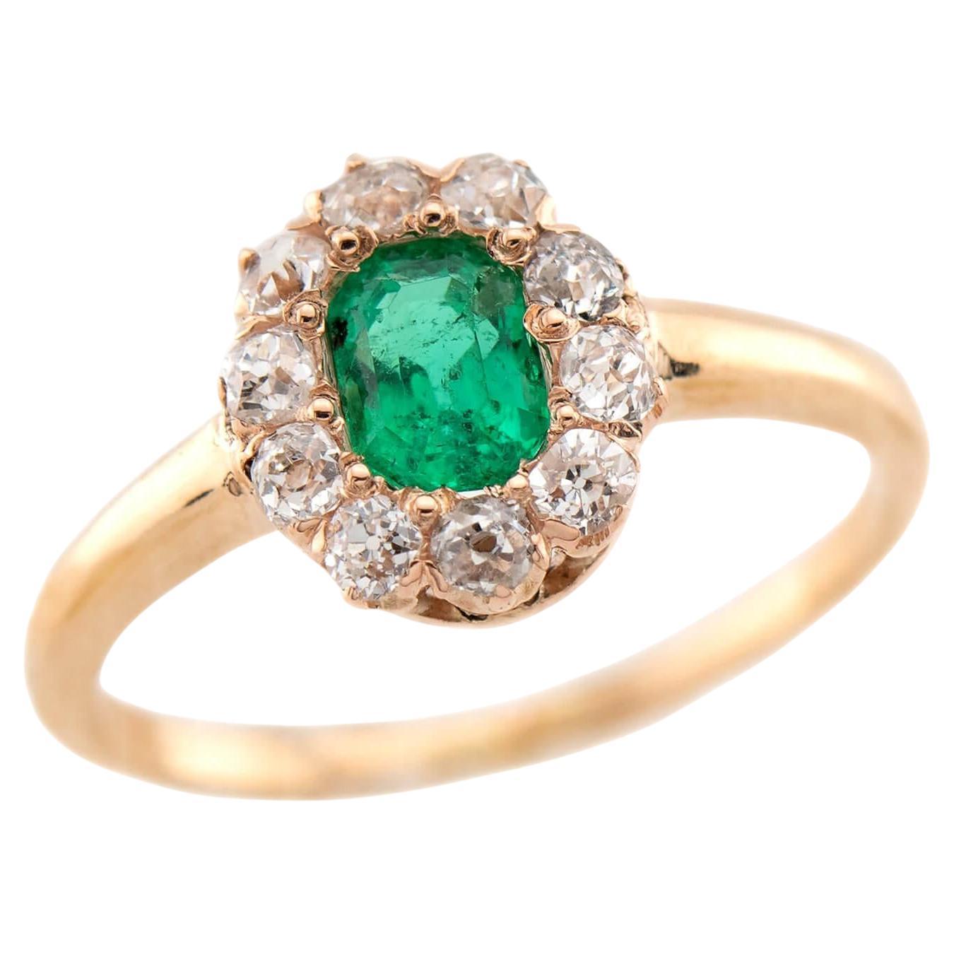 Victorian 14k Emerald 
Diamond Halo Ring