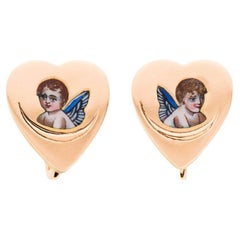 Boucles d'oreilles Victoriennes 14k en émail avec motif de coeur et chérubin