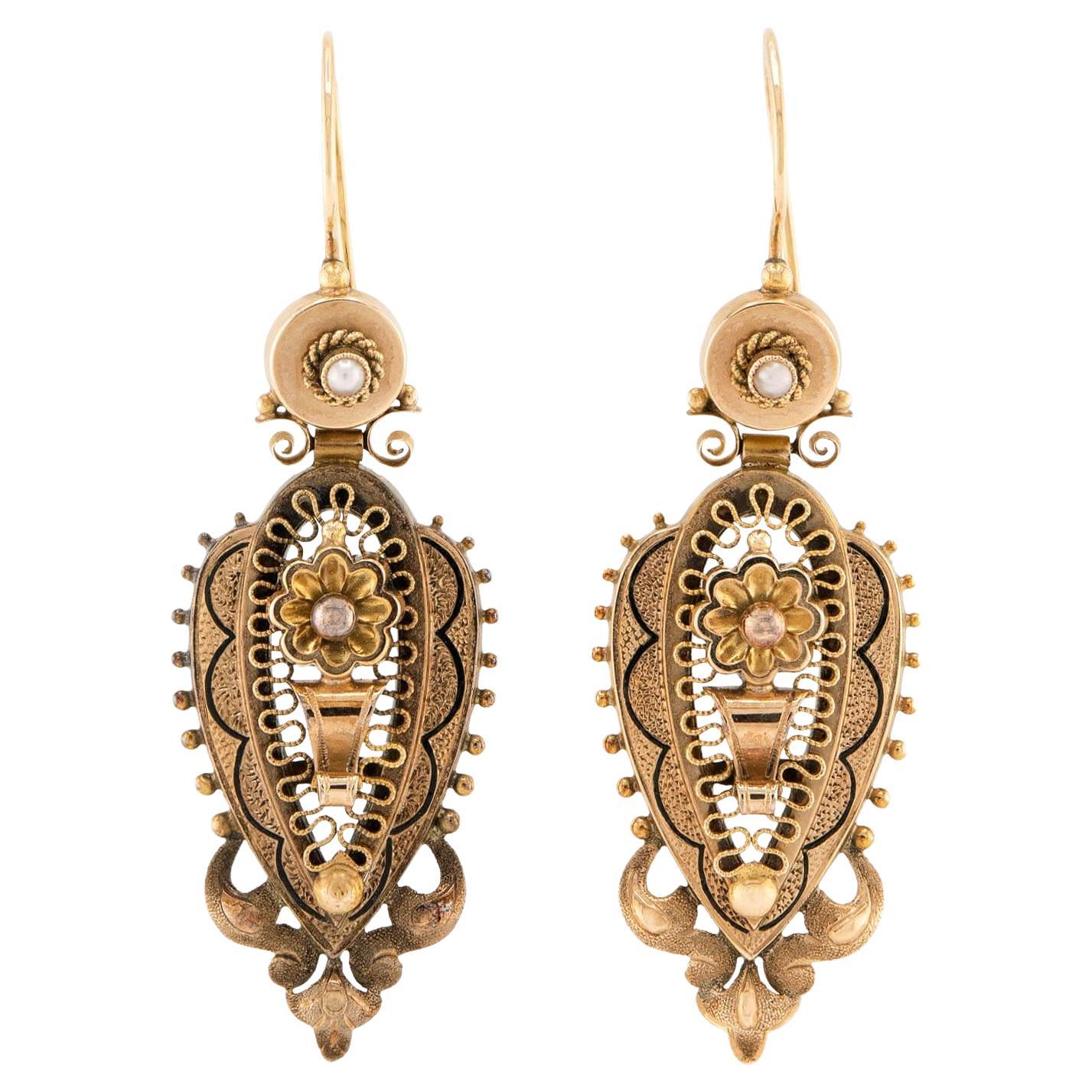 Pendientes Victorianos de Esmalte Etrusco y Perlas de 14k