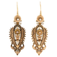 Pendientes Victorianos de Esmalte Etrusco y Perlas de 14k
