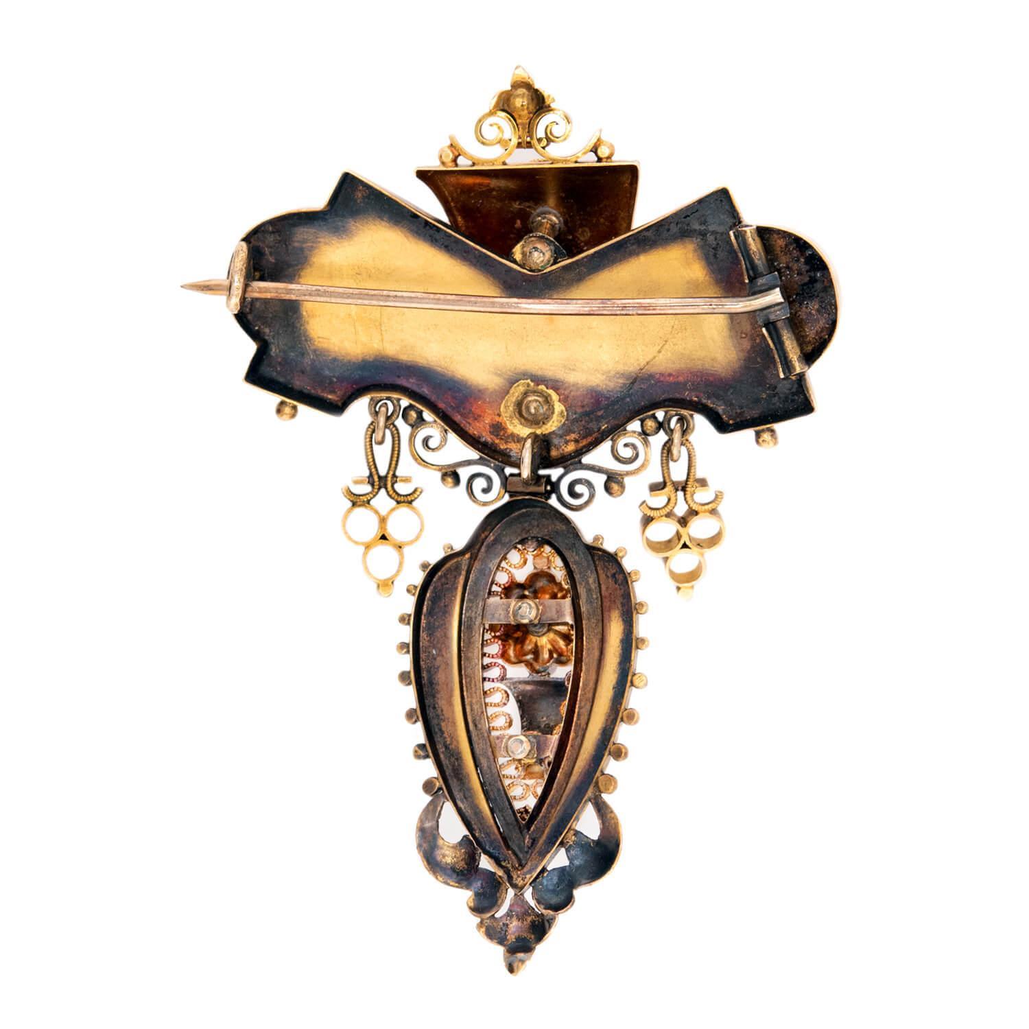 Bead Victorian 14k Etruscan Enamel & Pearl Pin/Pendant For Sale