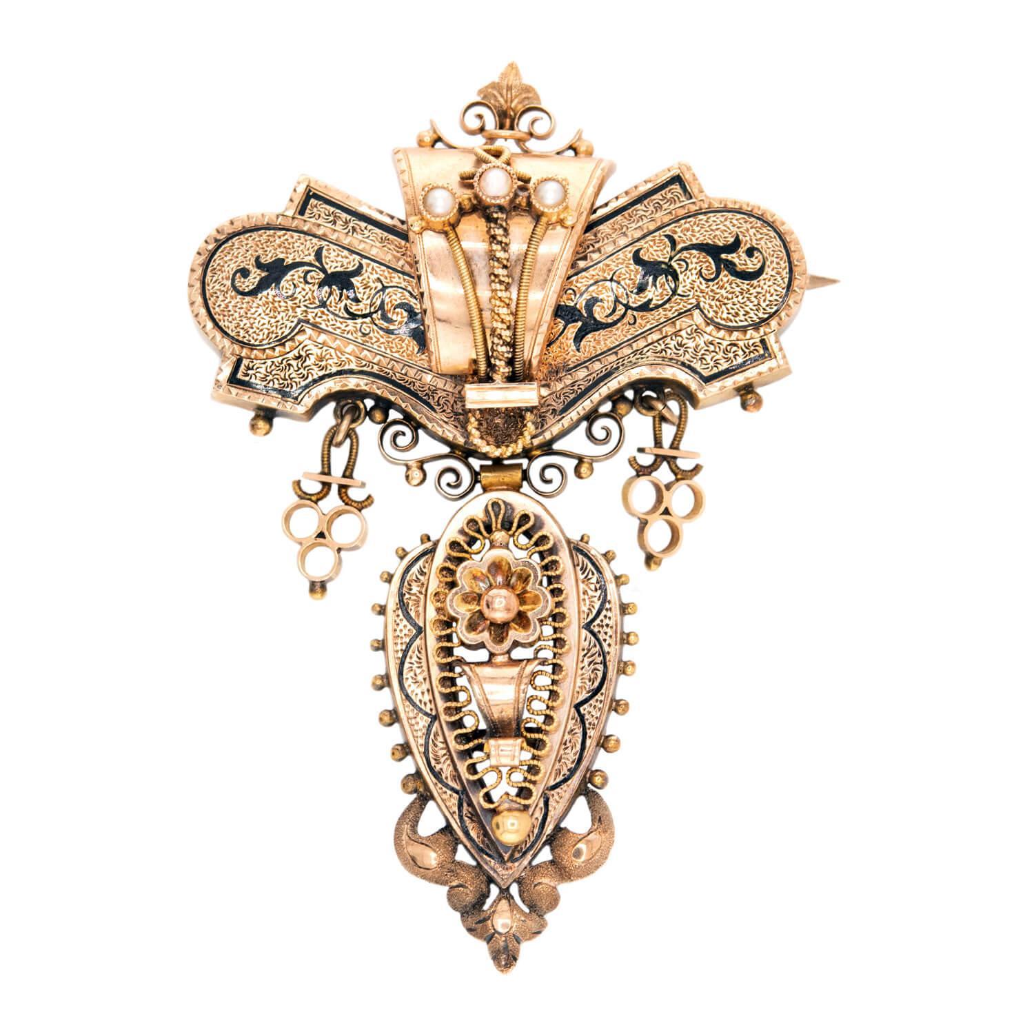 Victorian 14k Etruscan Enamel & Pearl Pin/Pendant In Good Condition For Sale In Narberth, PA