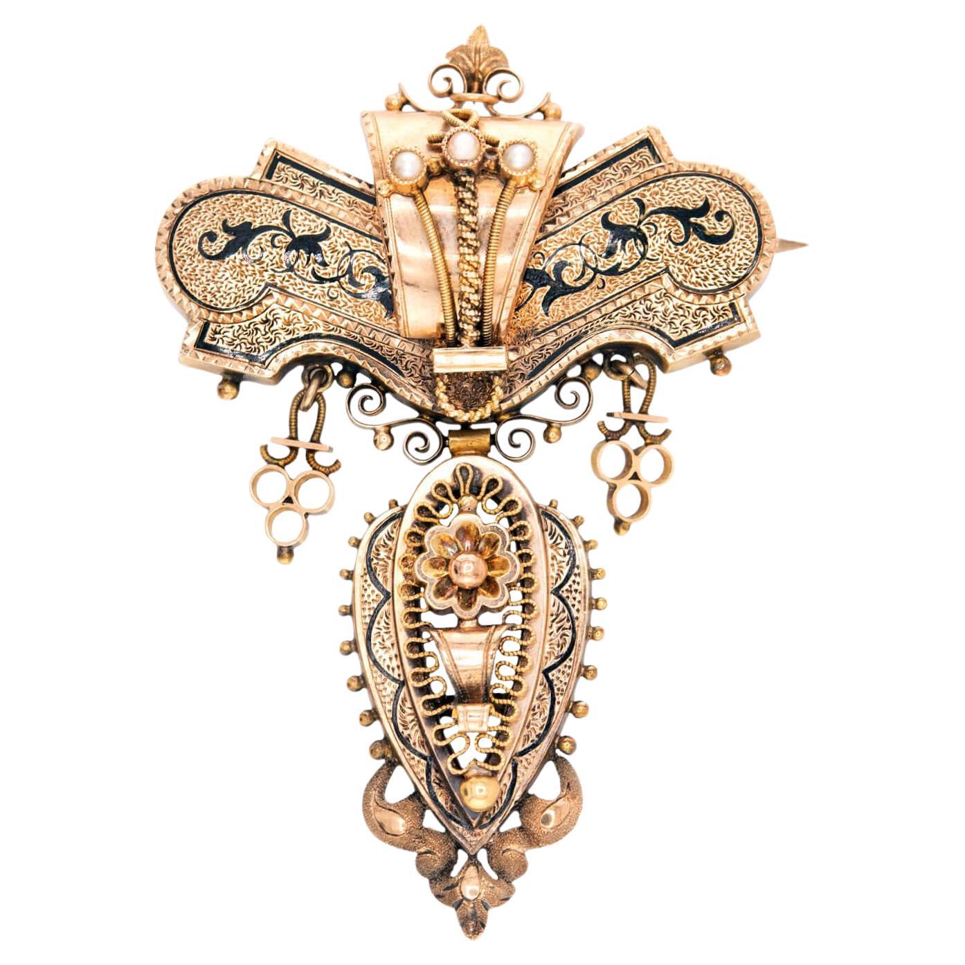 Victorian 14k Etruscan Enamel & Pearl Pin/Pendant For Sale