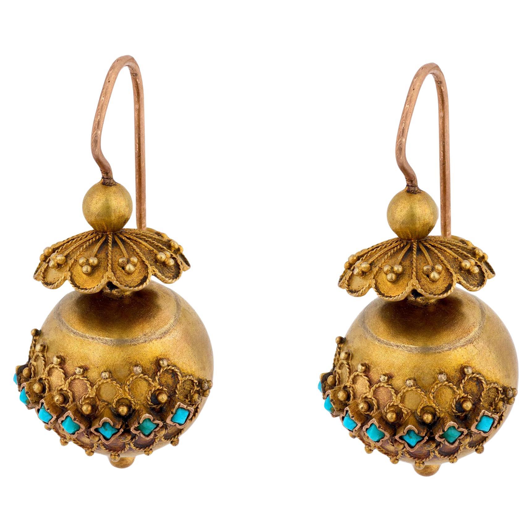 Victorian 14k Etruscan Turquoise Ball Earrings For Sale