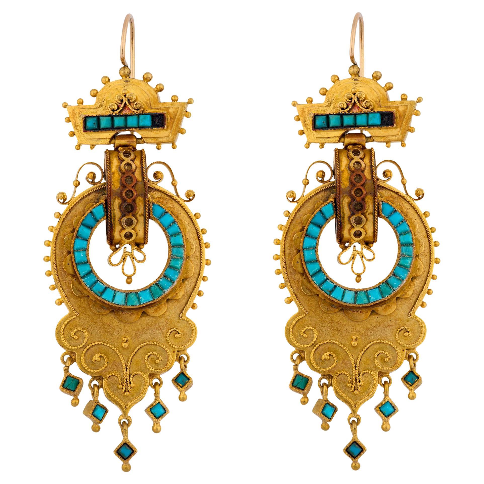 Victorian 14k Etruscan Turquoise Earrings