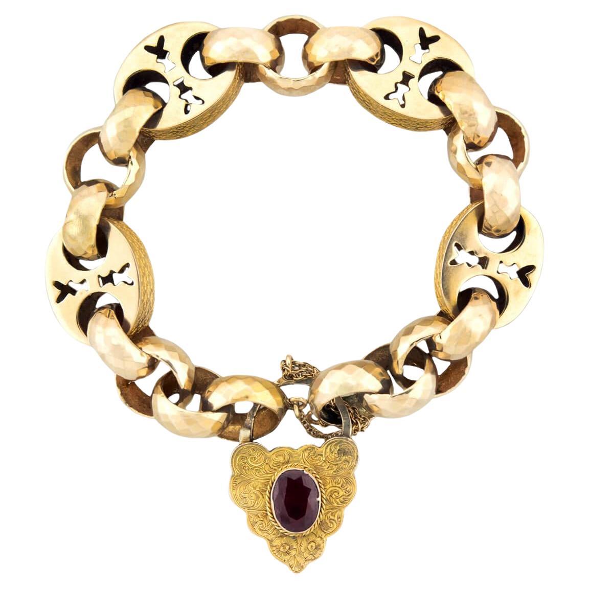 Bracelet Victorien 14k Garnet Mariner Link Padlock Locket