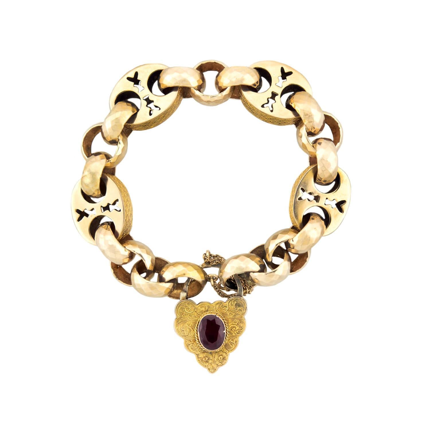 Victorian 14k Garnet Mariner Link Padlock Locket Bracelet For Sale