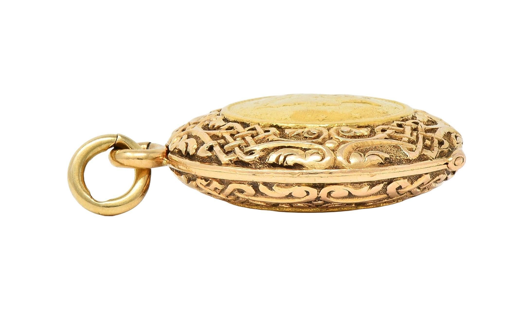 Victorian 14K Gold 1853 US Liberty Dollar Coin Antique Celtic Locket Pendant 8