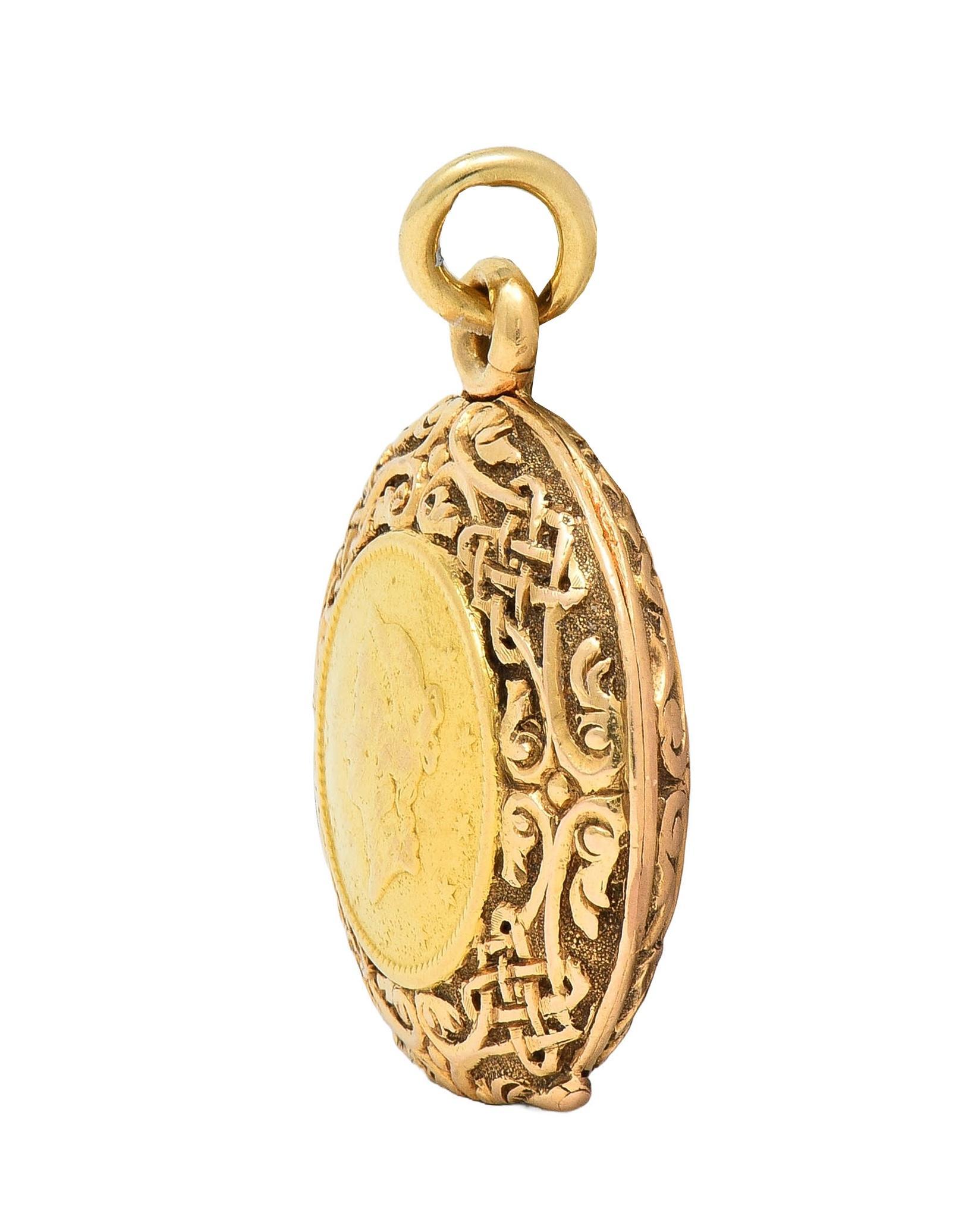 Victorian 14K Gold 1853 US Liberty Dollar Coin Antique Celtic Locket Pendant In Excellent Condition In Philadelphia, PA