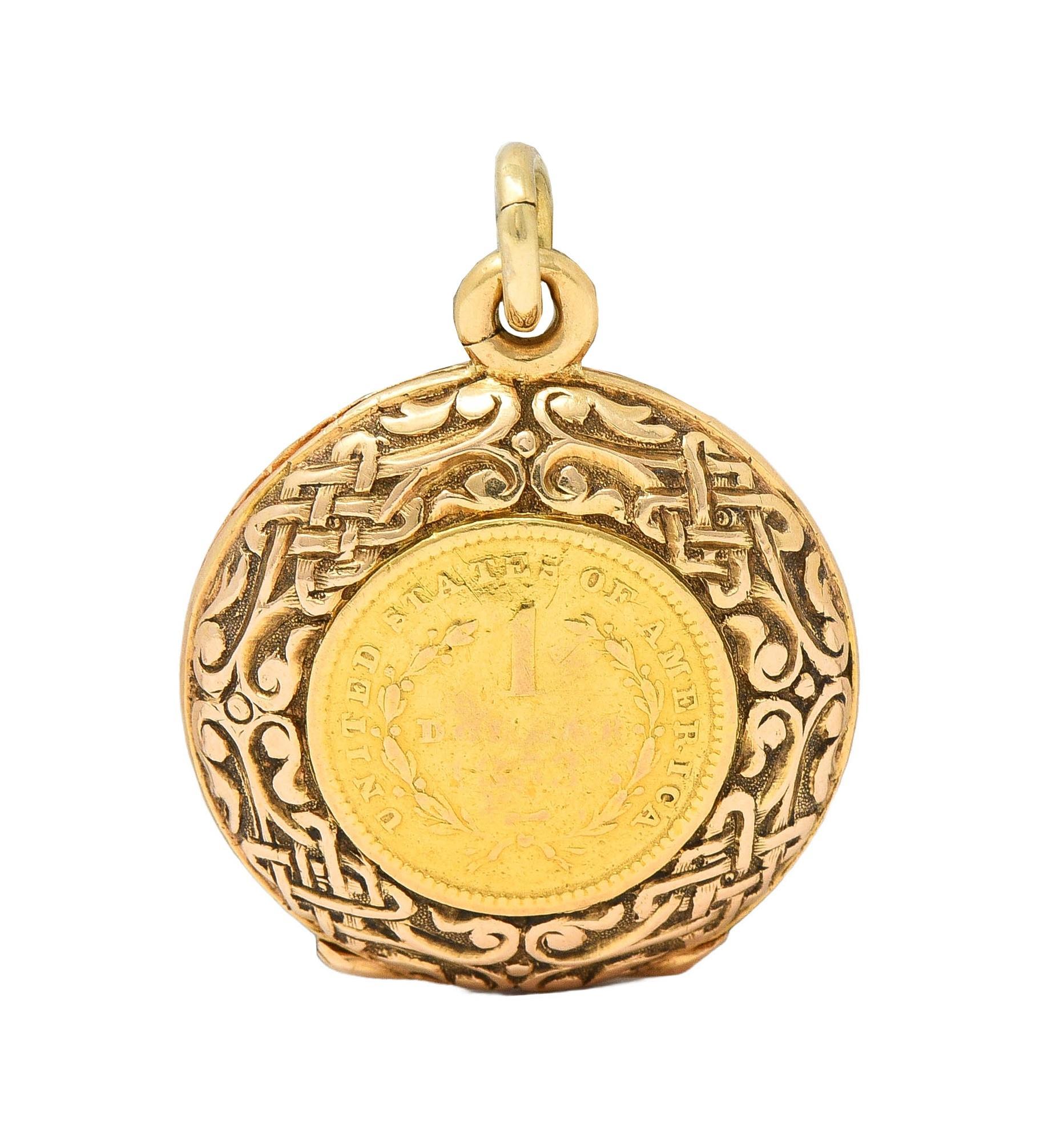 Women's or Men's Victorian 14K Gold 1853 US Liberty Dollar Coin Antique Celtic Locket Pendant