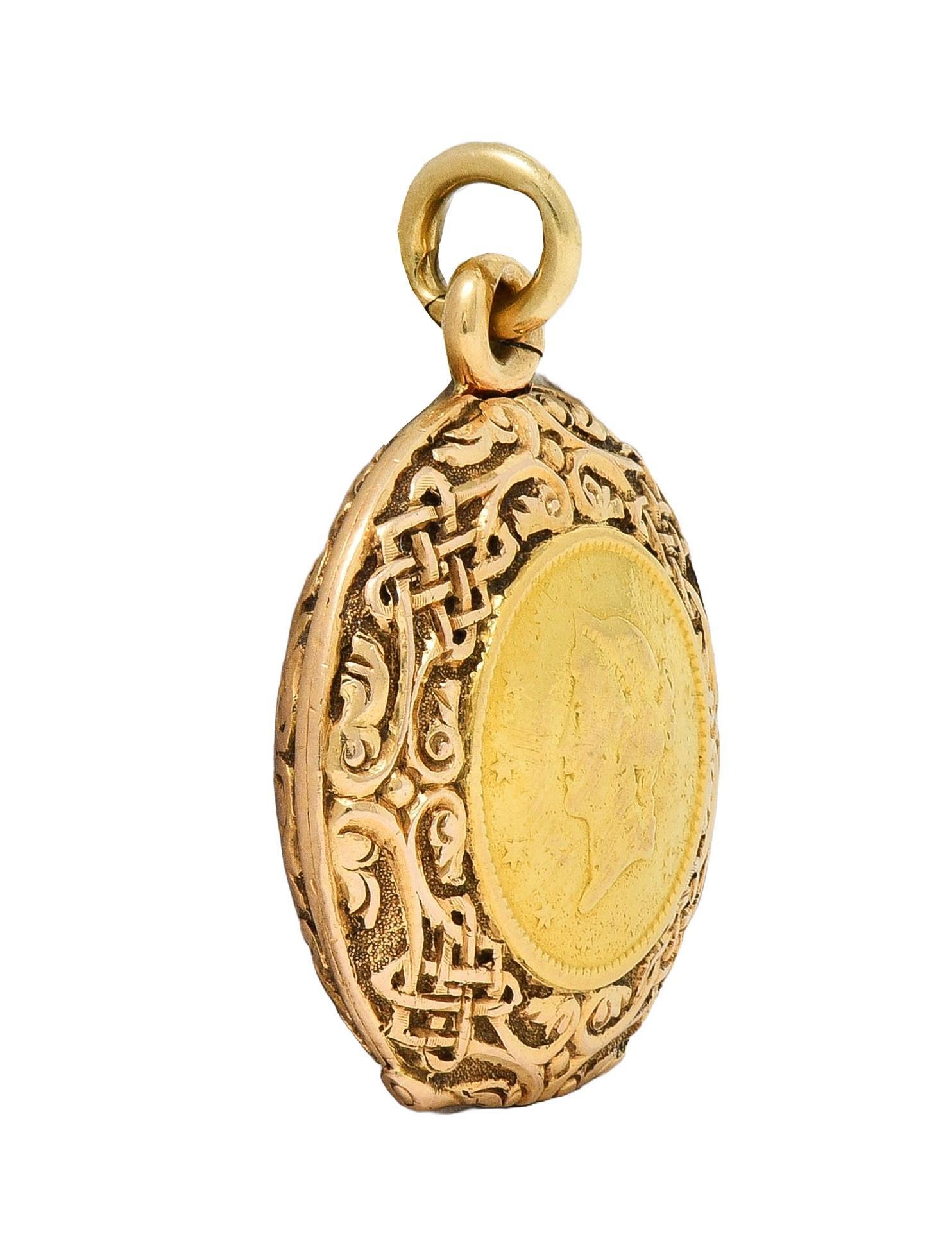 Victorian 14K Gold 1853 US Liberty Dollar Coin Antique Celtic Locket Pendant 1