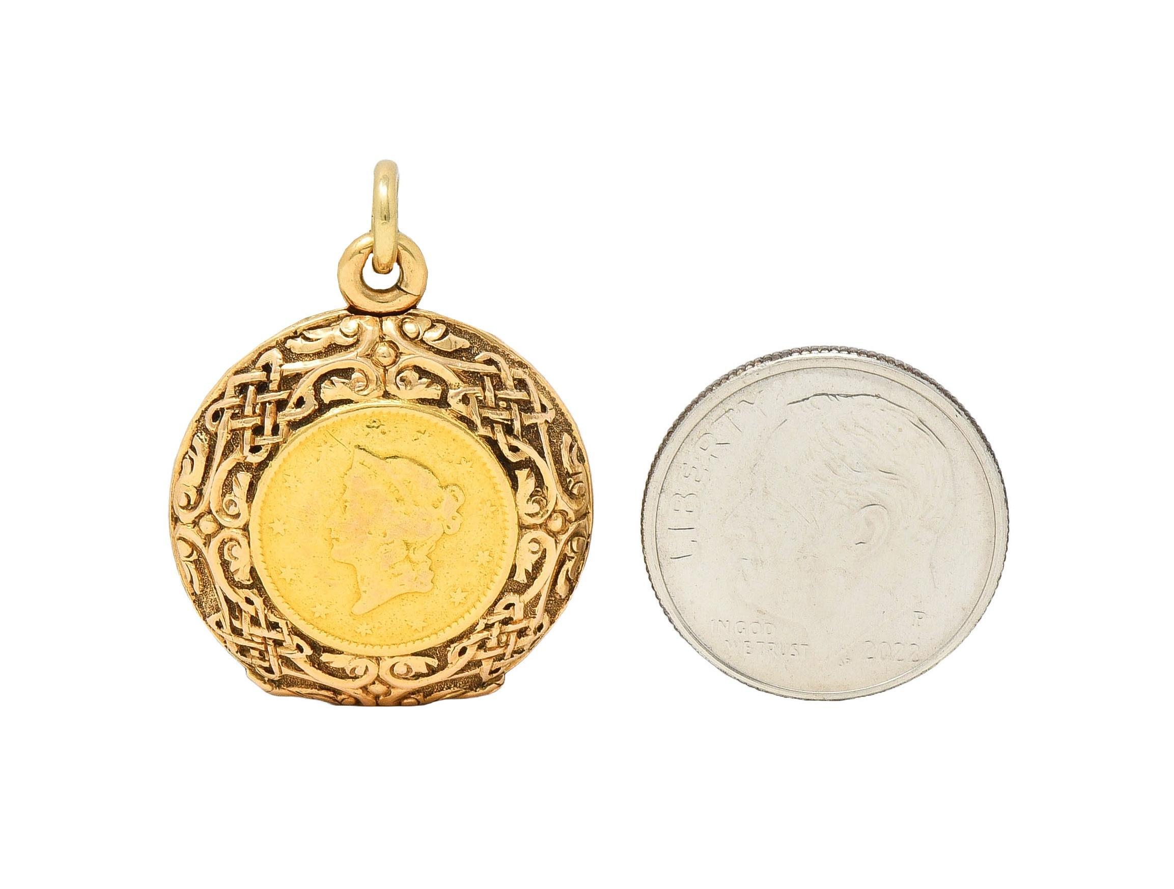 Victorian 14K Gold 1853 US Liberty Dollar Coin Antique Celtic Locket Pendant 2