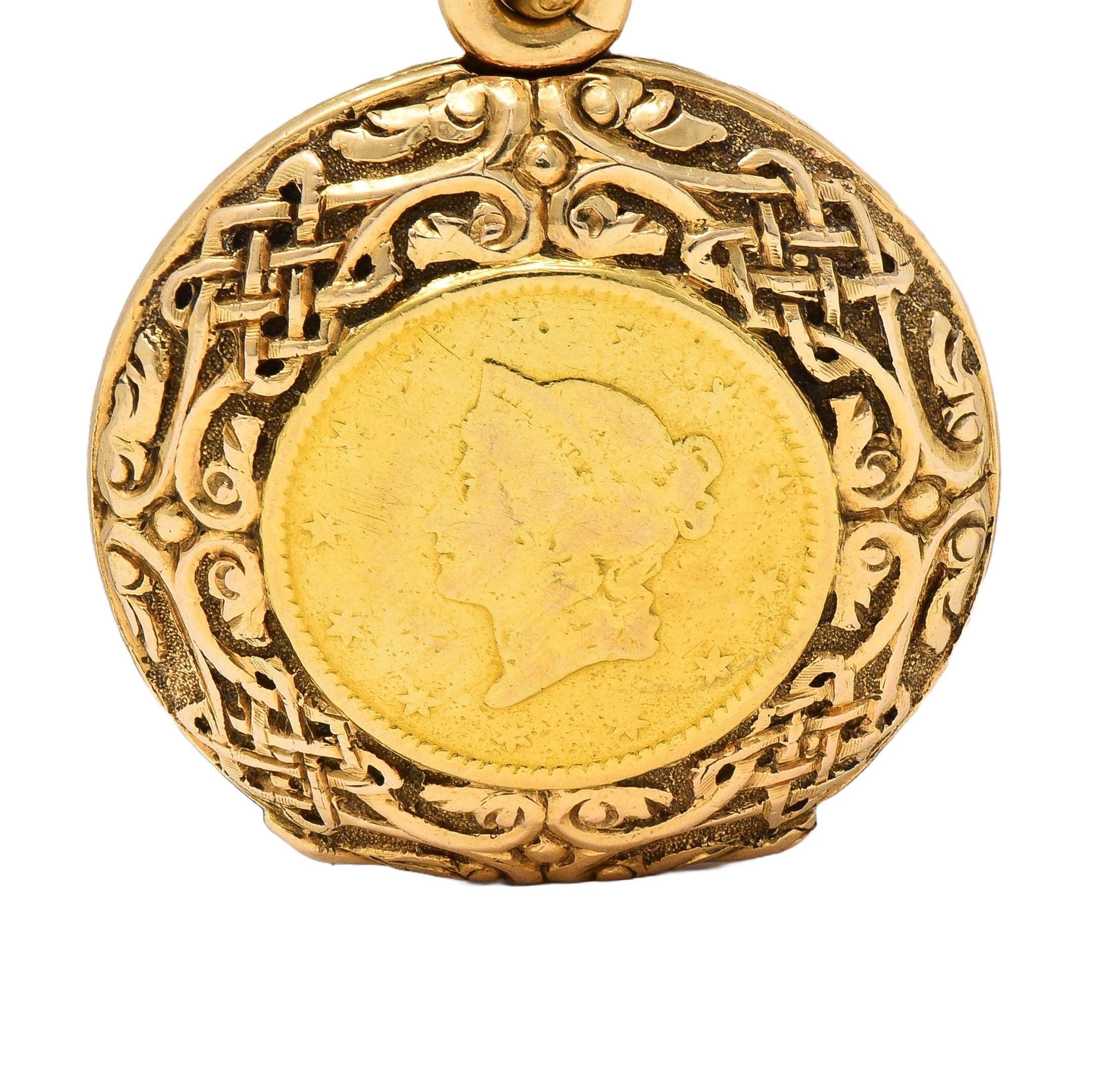 Victorian 14K Gold 1853 US Liberty Dollar Coin Antique Celtic Locket Pendant 3