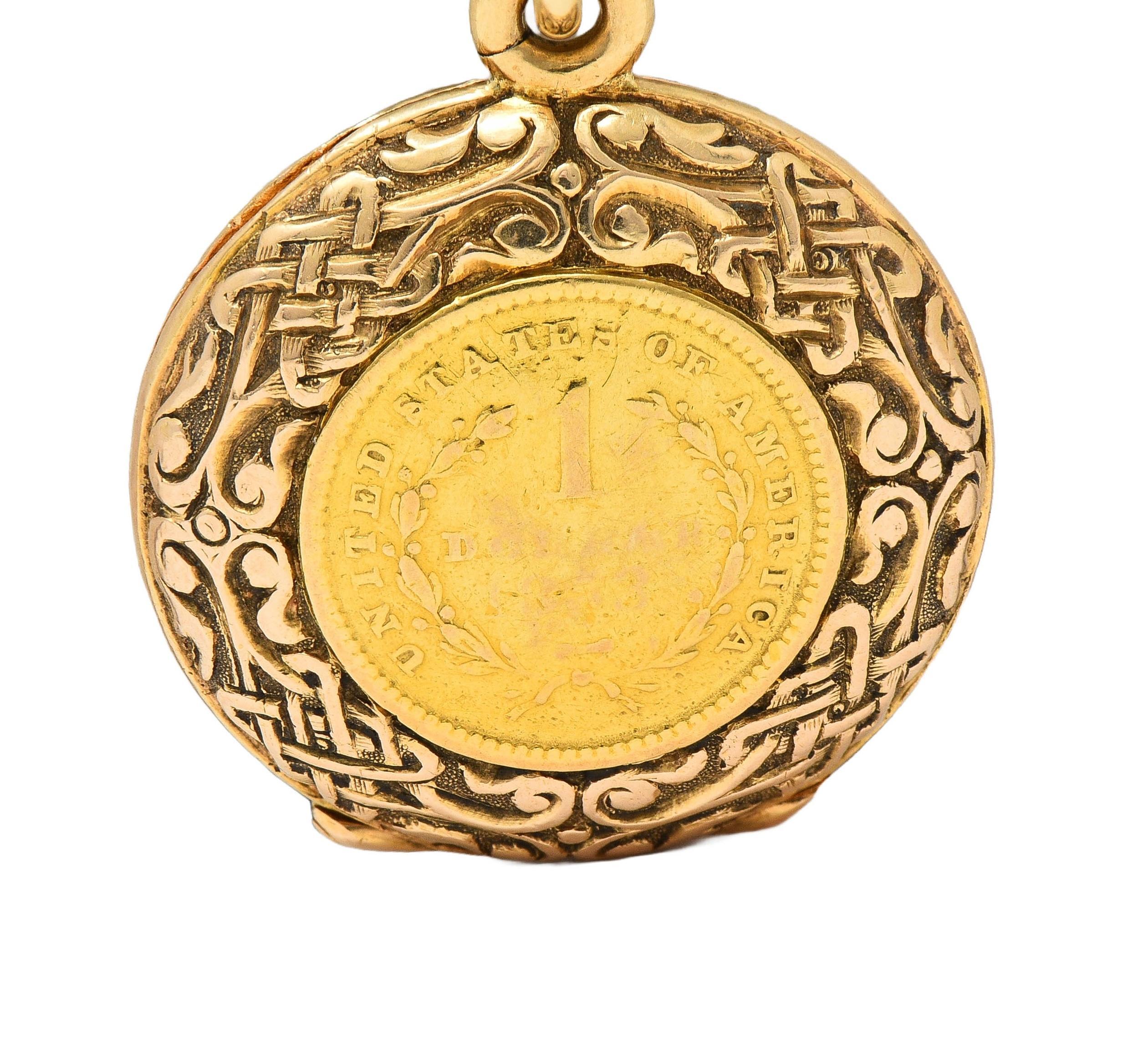 Victorian 14K Gold 1853 US Liberty Dollar Coin Antique Celtic Locket Pendant 4