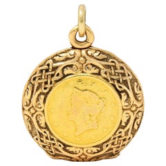 Victorian 14K Gold 1853 US Liberty Dollar Coin Antique Celtic Locket Pendant