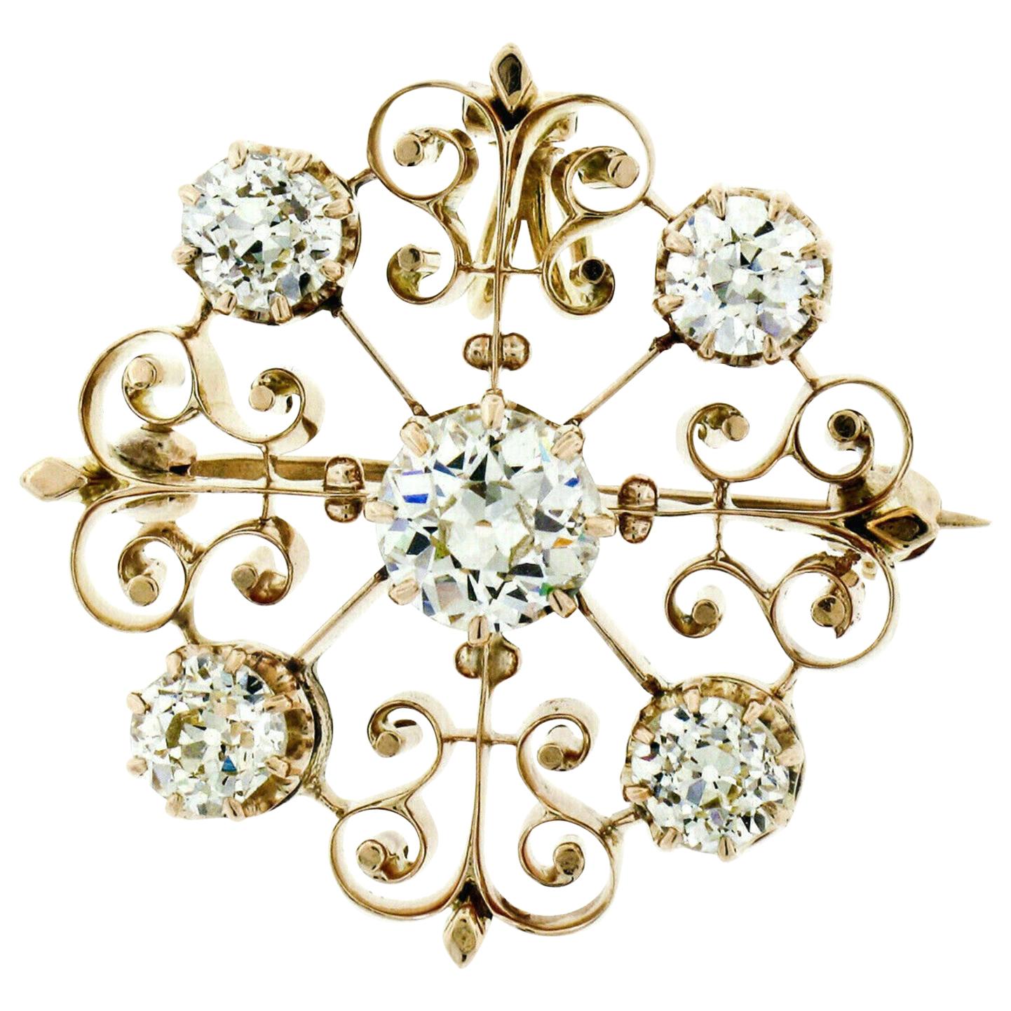 Victorian 14k Gold 2.40 Carat Old European and Mine Cut Diamond Pendant Brooch For Sale