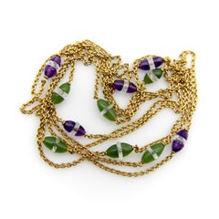 Victorian 14K Gold Amethyst Nephrite Jade and Rock Crystal Station Chain