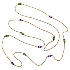 Victorian 14K Gold Amethyst Nephrite Jade and Rock Crystal Station Chain