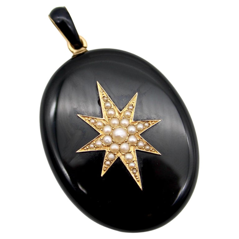 Victorian 14K Gold and Onyx Starburst Mourning Locket For Sale