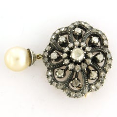 Victorian 14k Gold and Silver Brooch with Pearl and Rose Cut Diamonds
