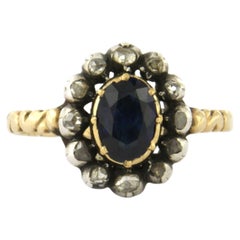 Anello vittoriano in oro e argento 14k con zaffiro e diamanti taglio rosa