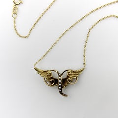 Victorian 14K Gold Angel Winged Necklace with Seed Pearls