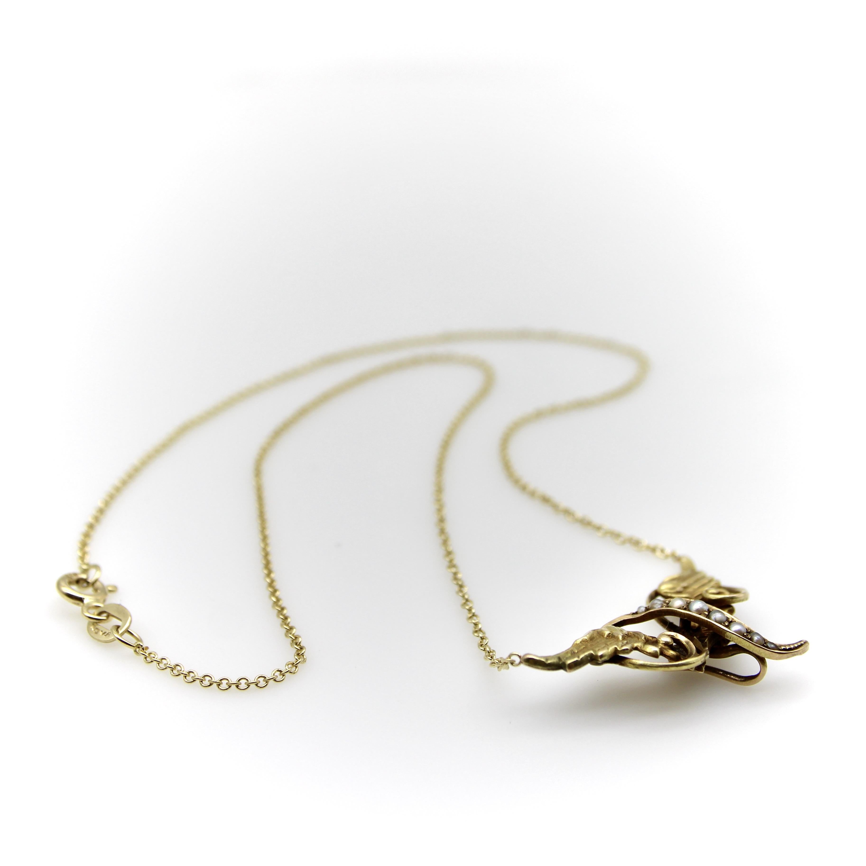 Collana vittoriana con ali d'angelo in oro 14 carati e perle di semi In condizioni buone in vendita a Venice, CA