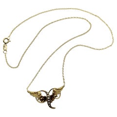 Victorian 14K Gold Angel Winged Necklace with Seed Pearls