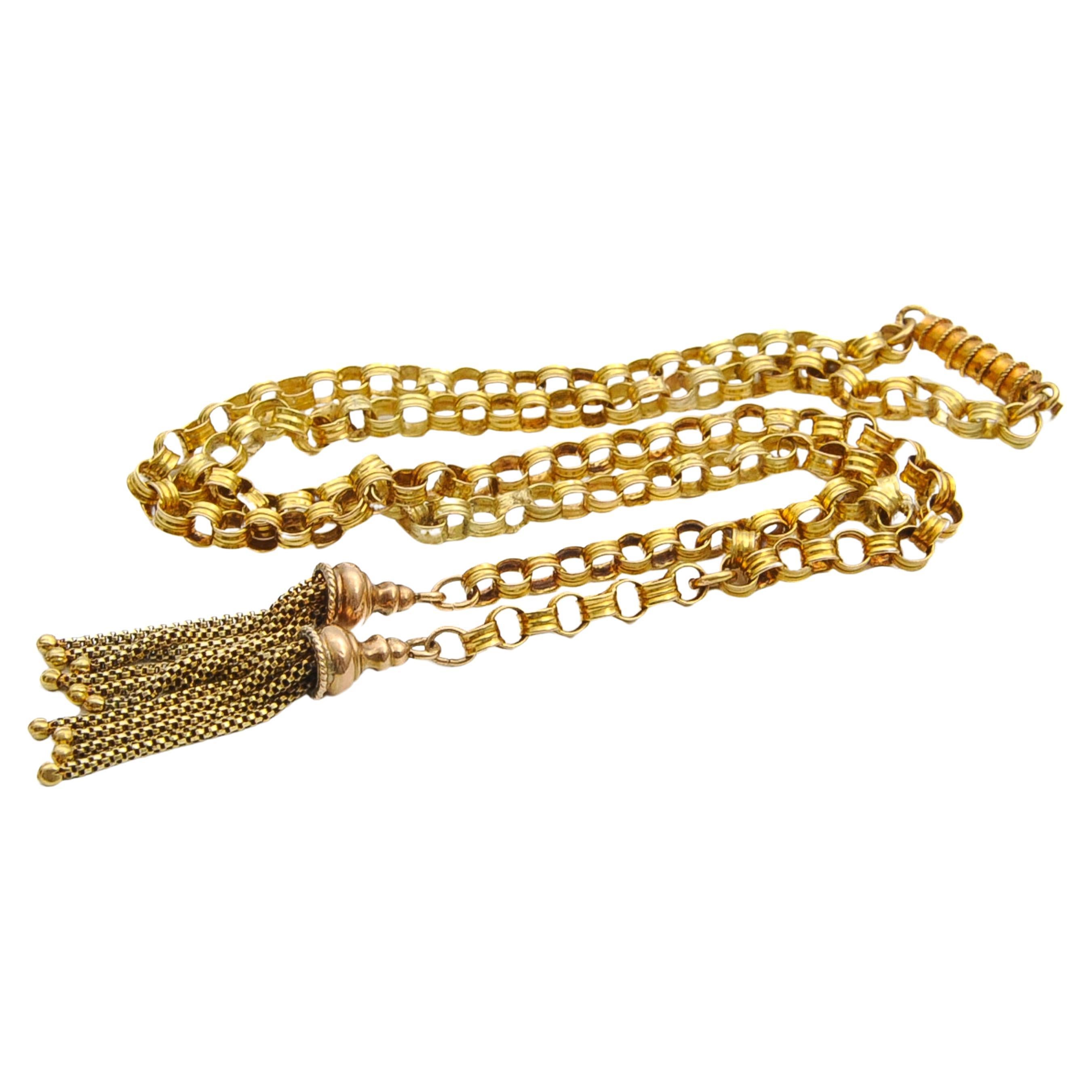 Antique Victorian 14K Gold Belcher Tassel Chain Necklace For Sale