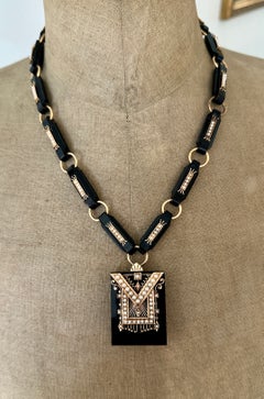 Victorian 14K Gold Black Onyx Pearl Locket Necklace 20 Inches Circa 1870