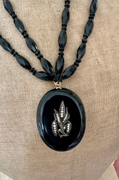 Victorian 14K Gold Black Onyx Wheat Sheaf Locket Necklace Flower Pearl
