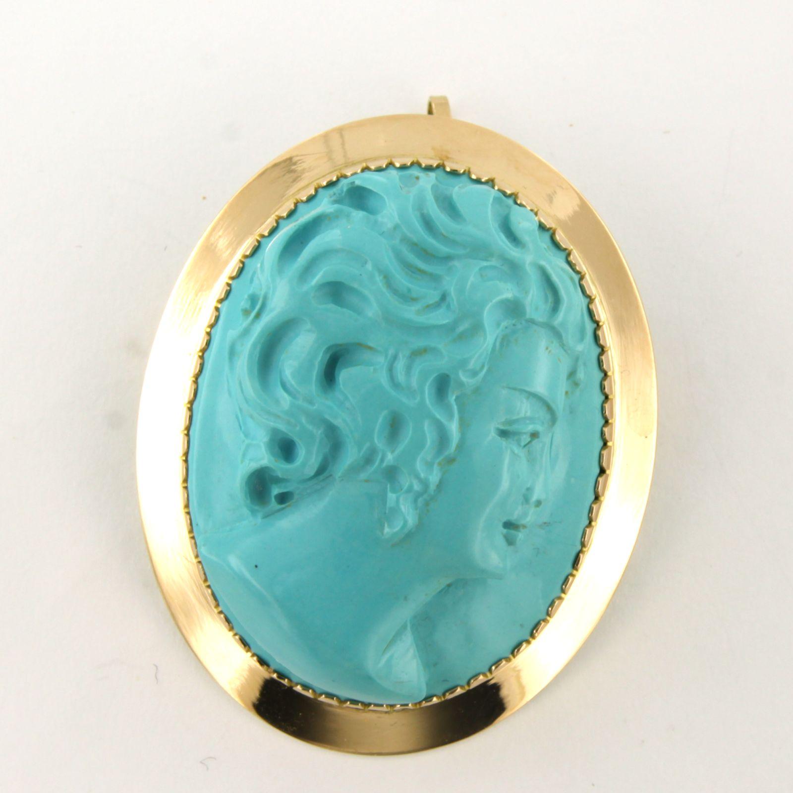 Early Victorian Victorian 14k gold brooch/pendant and turquoise cut in a woman's head 20.6 gram For Sale